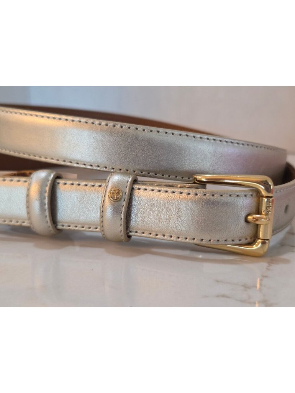 Lauren Ralph Lauren Belt XL Platino Genuine Leather Metallic Gold, Gold Buckle